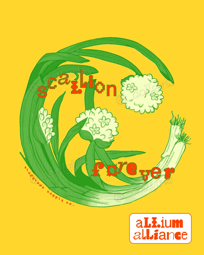 Green onion illustration printed in yellow, green, and red