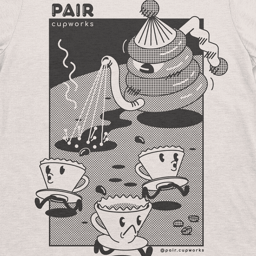 Playful black-and-white coffee cup characters