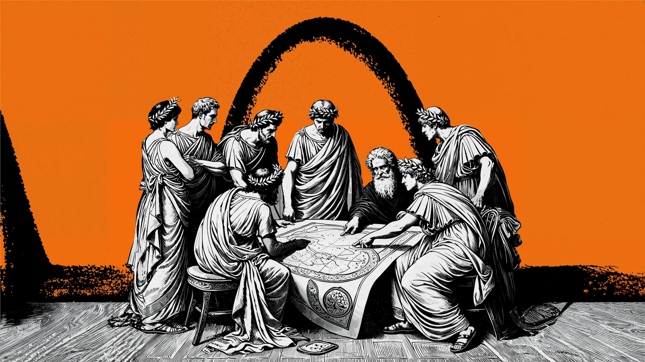 Classical figures gathered around a map