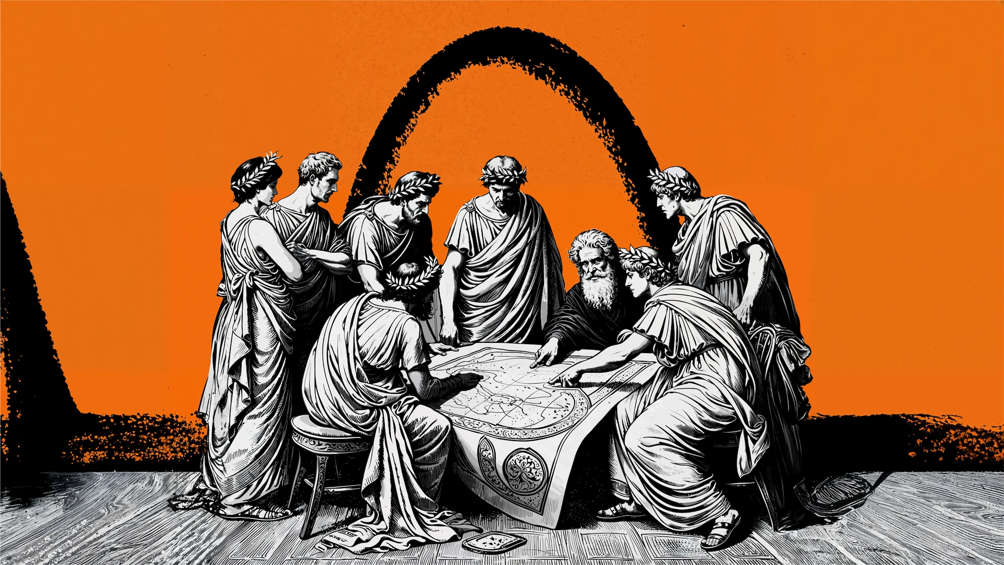 Classical figures gathered around a map