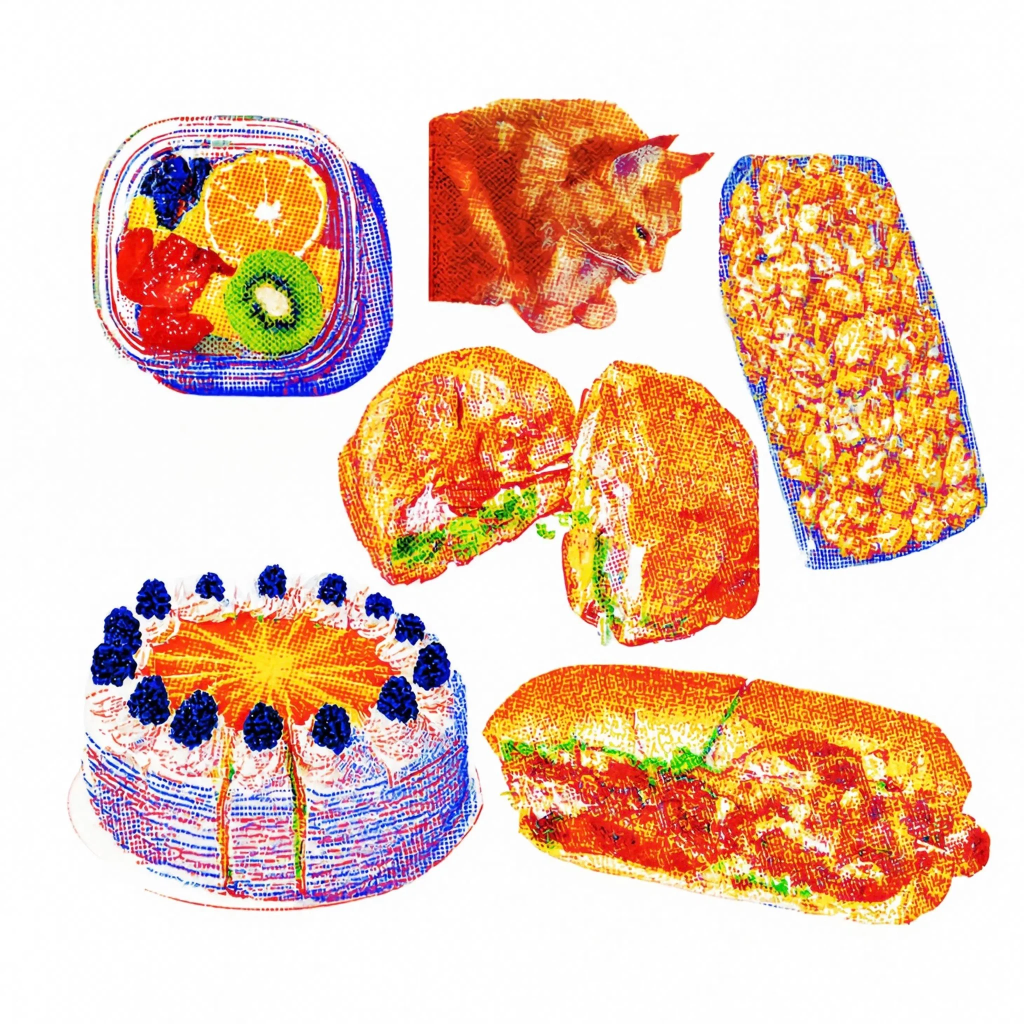 Colorful food illustrations rendered in cross-hatched halftone