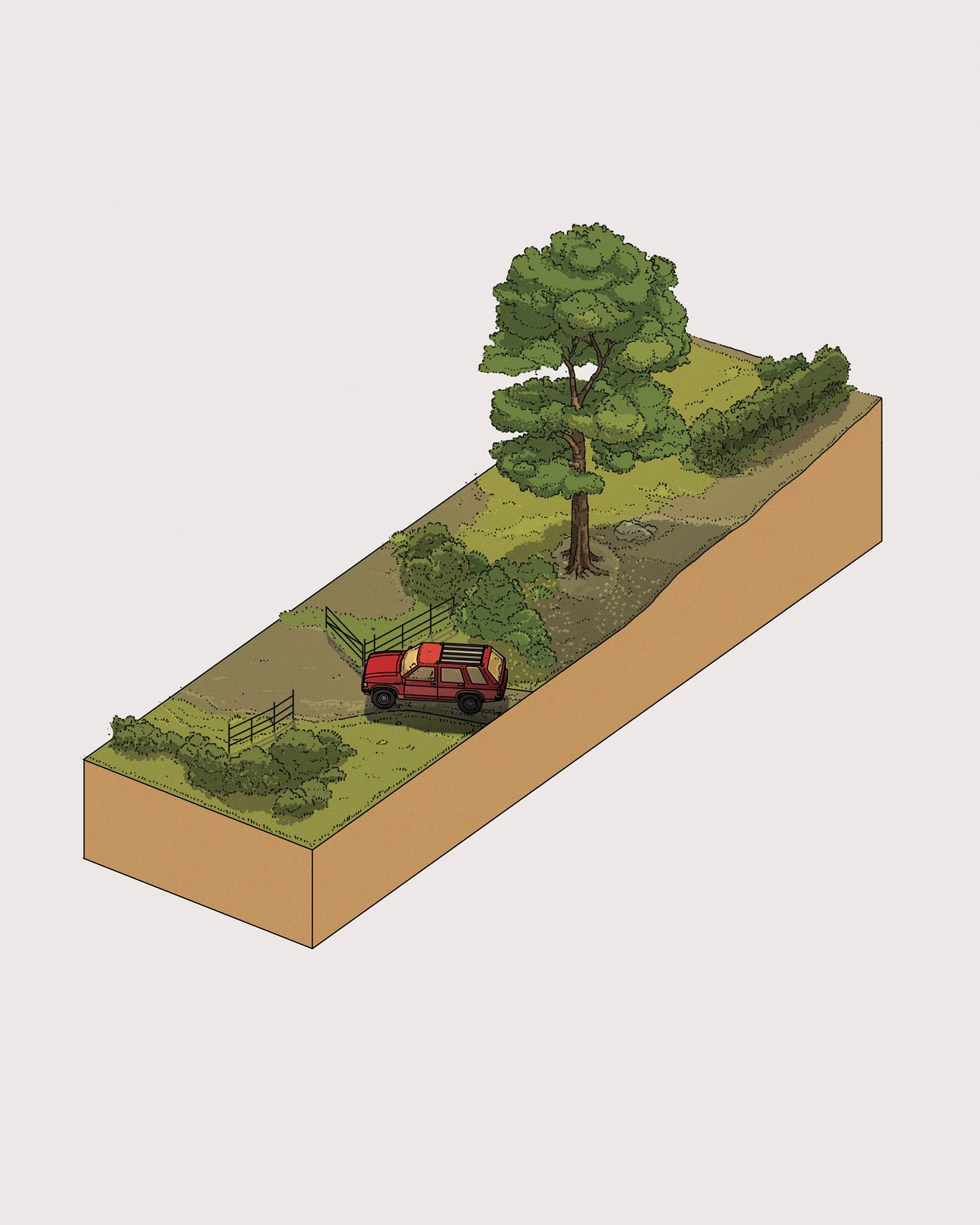 Red car beside a tall tree in an isometric landscape