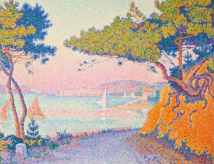 Pointillist coastal landscape in pastel colors