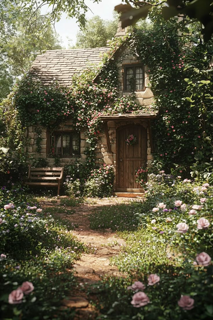 Stone cottage surrounded by a lush flower garden