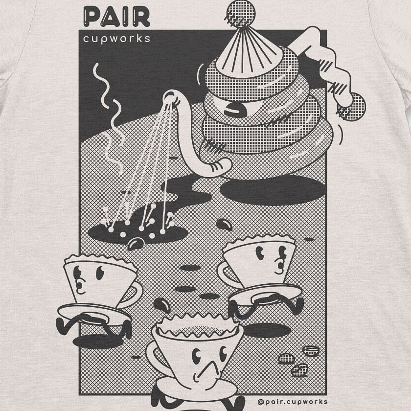 Playful black-and-white coffee cup characters
