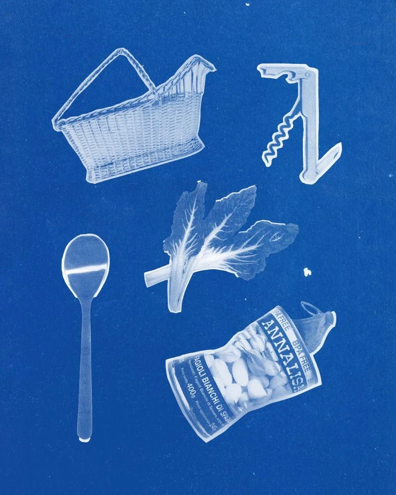White household objects exposed on a cyanotype print
