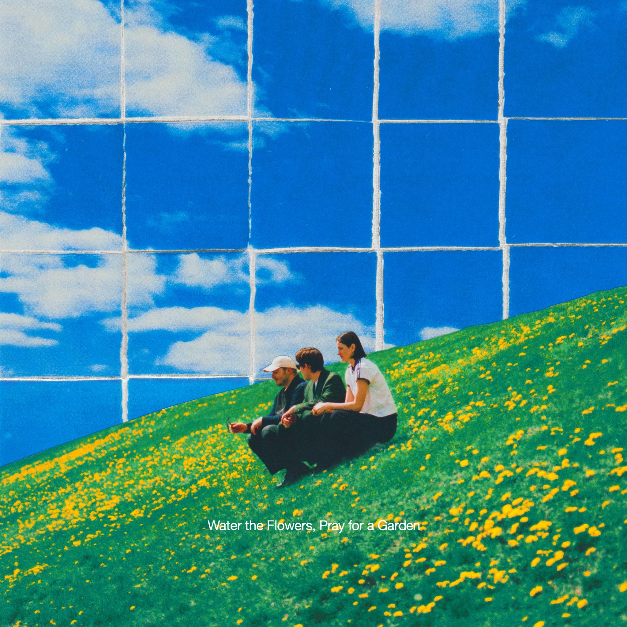 Three people sitting on a flowered hill beneath a gridded sky